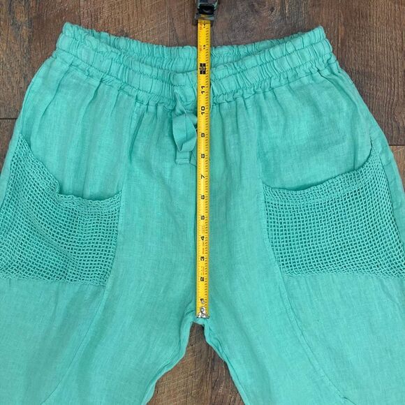 NWT Puro Lino Italy 100% Linen Turquoise Tiffany Green Pants Crochet Pockets S - Picture 6 of 7